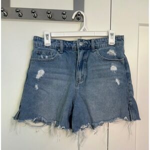 Simple Society Distressed Denim Shorts Medium Wash High Rise Raw Hem Size 5/27